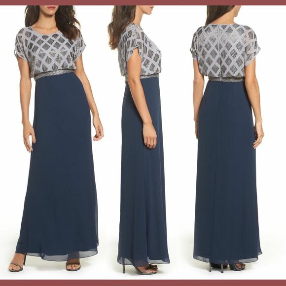 NWT Adrianna Papell [‎ 14 ] Beaded Colorblock Blouson Gown in Silver/Navy Blue - Picture 1 of 16